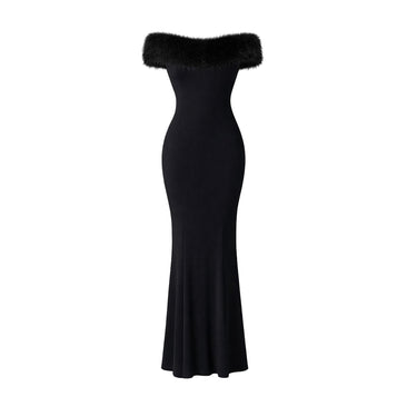 JoJaxs Off-Shoulder Fur Knit Long Dress