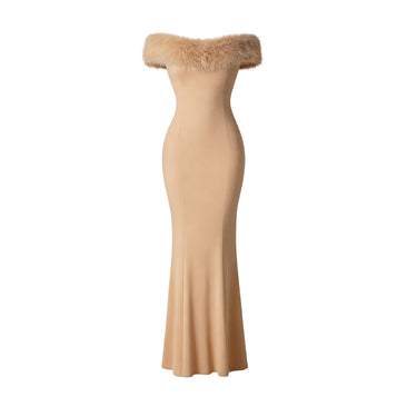 JoJaxs Off-Shoulder Fur Knit Long Dress