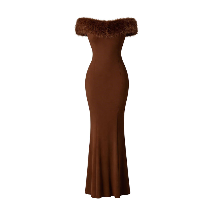 JoJaxs Off-Shoulder Fur Knit Long Dress | Jackson JoJaxs US Beige / EU 38 / US 6 JoJaxs Off-Shoulder Fur Knit Long Dress | Jackson JoJaxs US Beige / EU 38 / US 6
