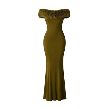 JoJaxs Off-Shoulder Fur Knit Long Dress