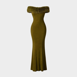 JoJaxs Off-Shoulder Fur Knit Long Dress