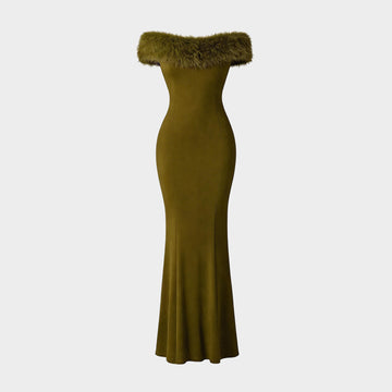 fur off shoulder dress Fur Collar Off-shoulder Midi Dress